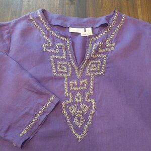 Chicos 100% Linen Tunic Womens XL 16 (3) Purple Beaded Embellished Top Blouse,